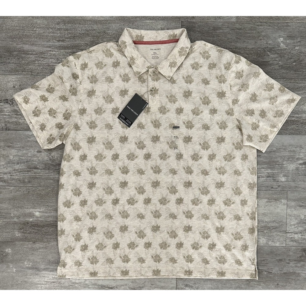 Van Heusen Classic Fit Weekend Polo Mens Shirt Size 2XL Light Sand Heat Floral